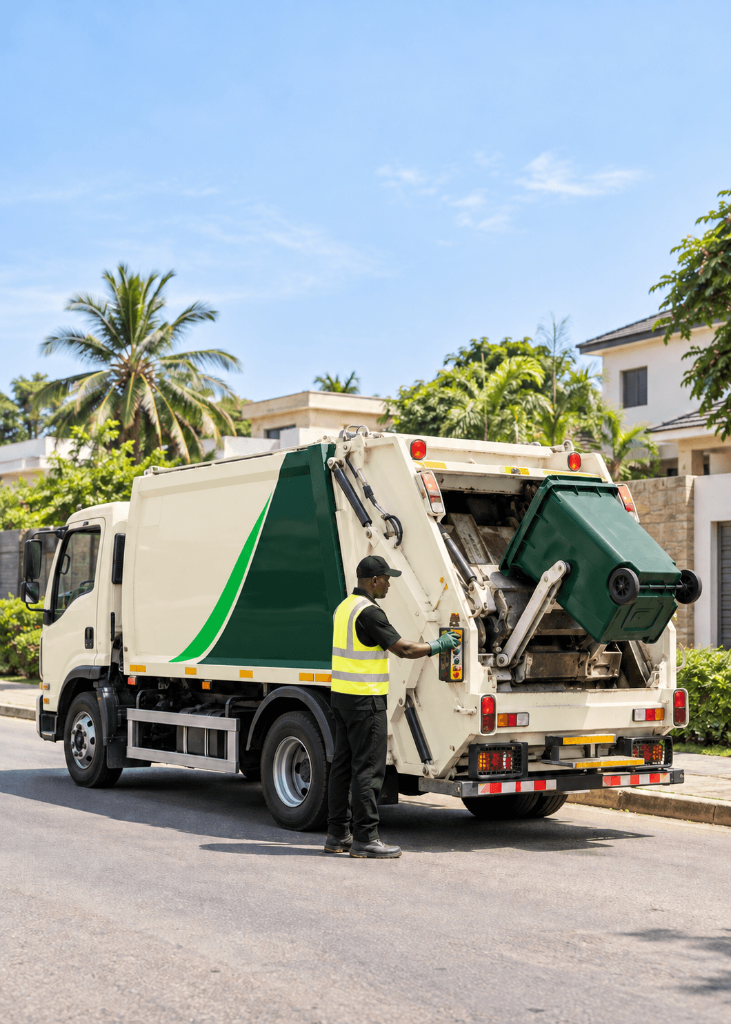 A waste collector emptying a household bin into a collection truck on a residential street.